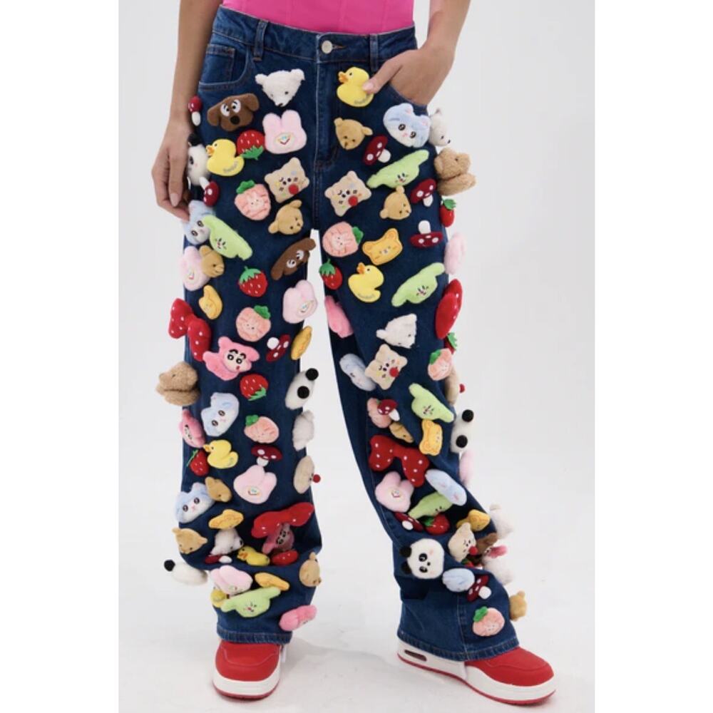 Akira Jeans Womens XL Blue High Rise Straight Plush Animal Cartoon Stretch Denim